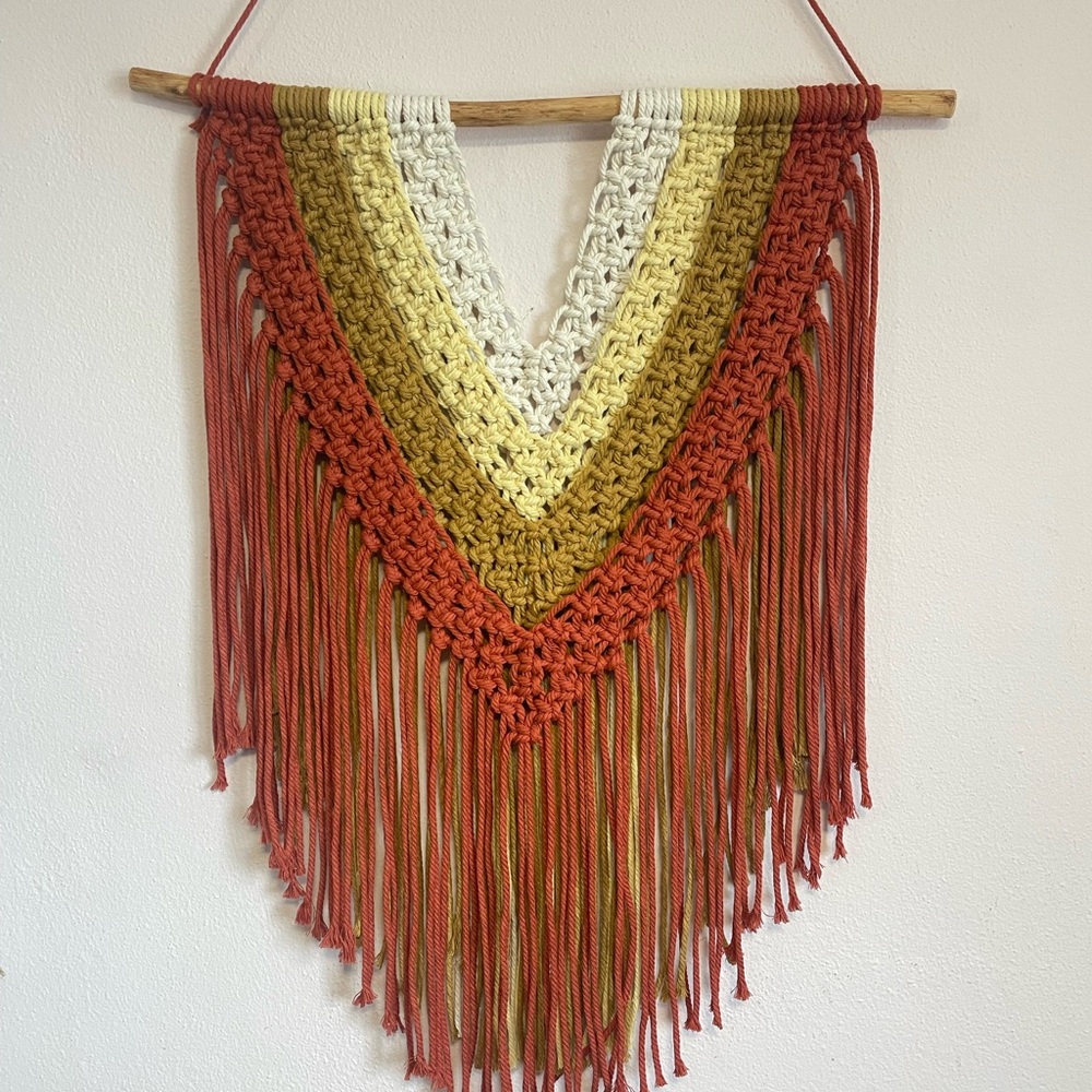 Handmade Chevron Macrame Wall Hanging in Rust, Mustard & Cream